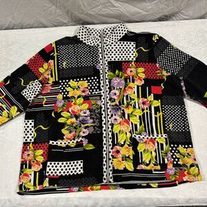 Sportelle Floral Patchwork  Jacket - Black, Red, Yellow 3/4 sleeve zip up 2x
